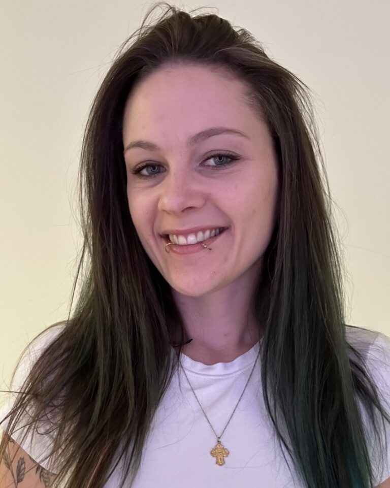 Smiling woman with long hair