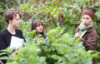 People discussing plants in garden.